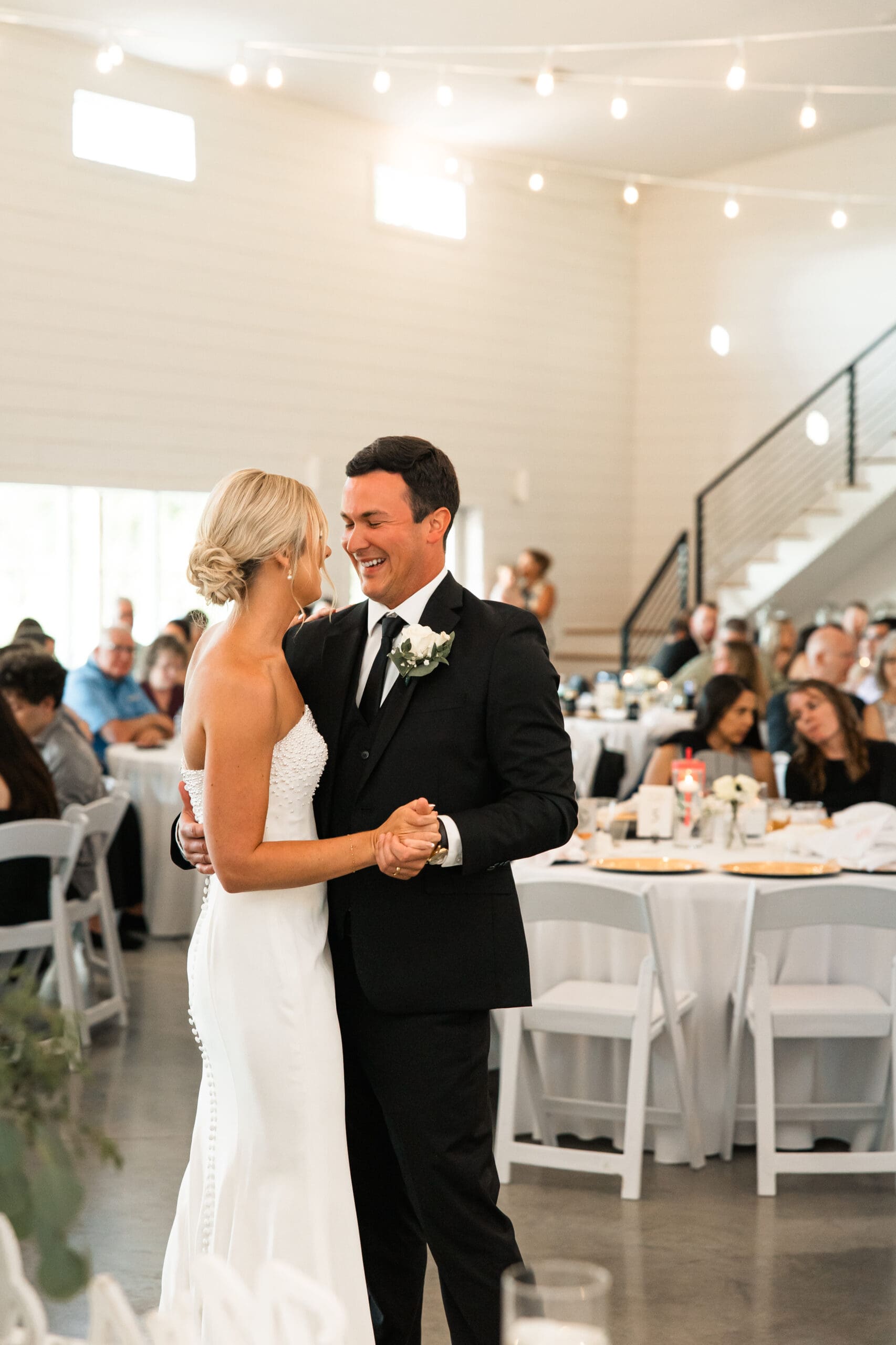 Bride and groom first dance Barn at Grace Hill wedding reception.