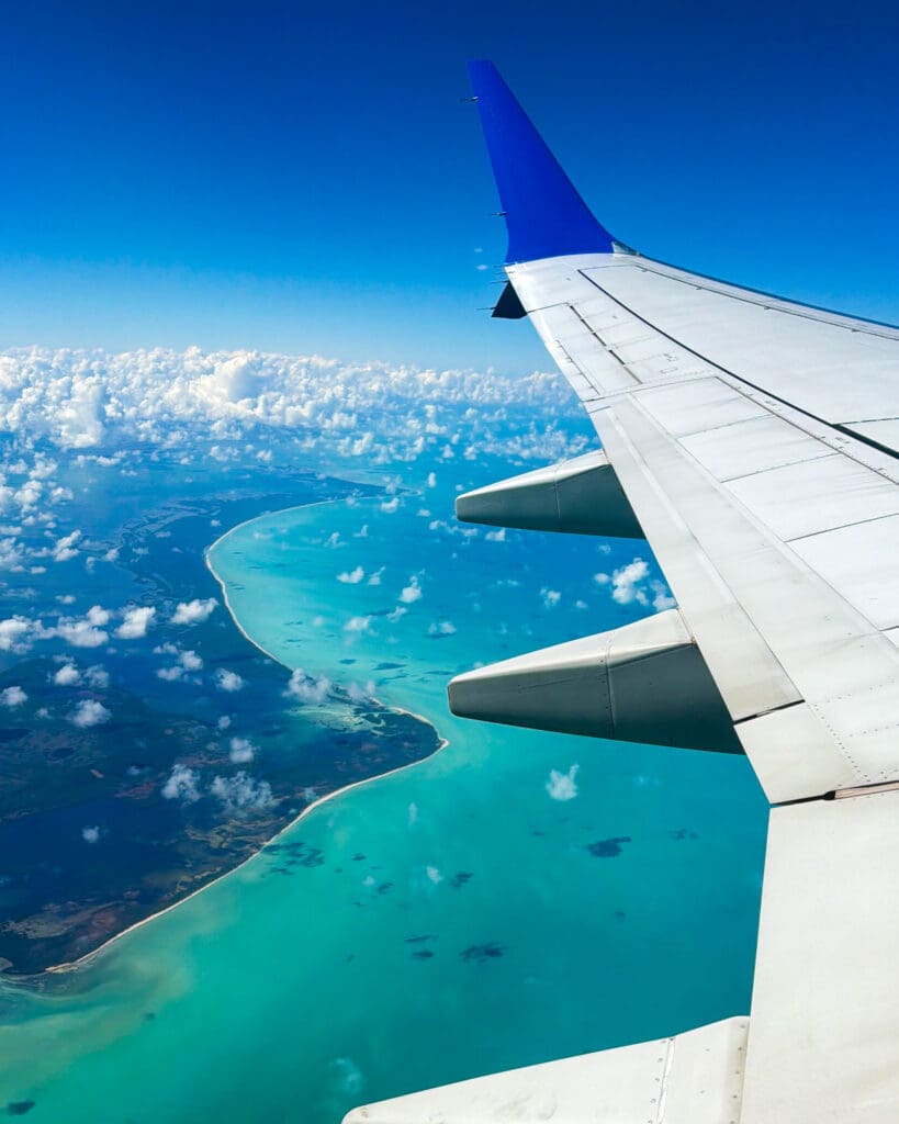 Caribbean Sea view from flight home after Haven Riviera Cancun honeymoon
