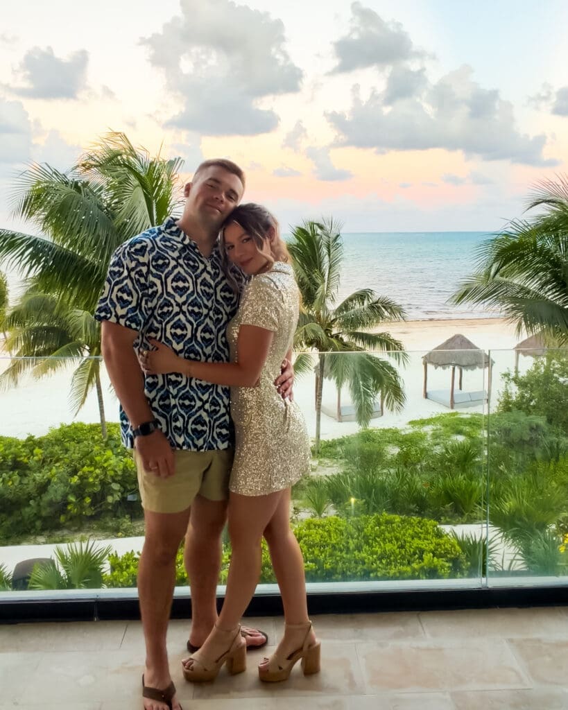 Dressed and ready for dinner during our Haven Riviera Cancun honeymoon