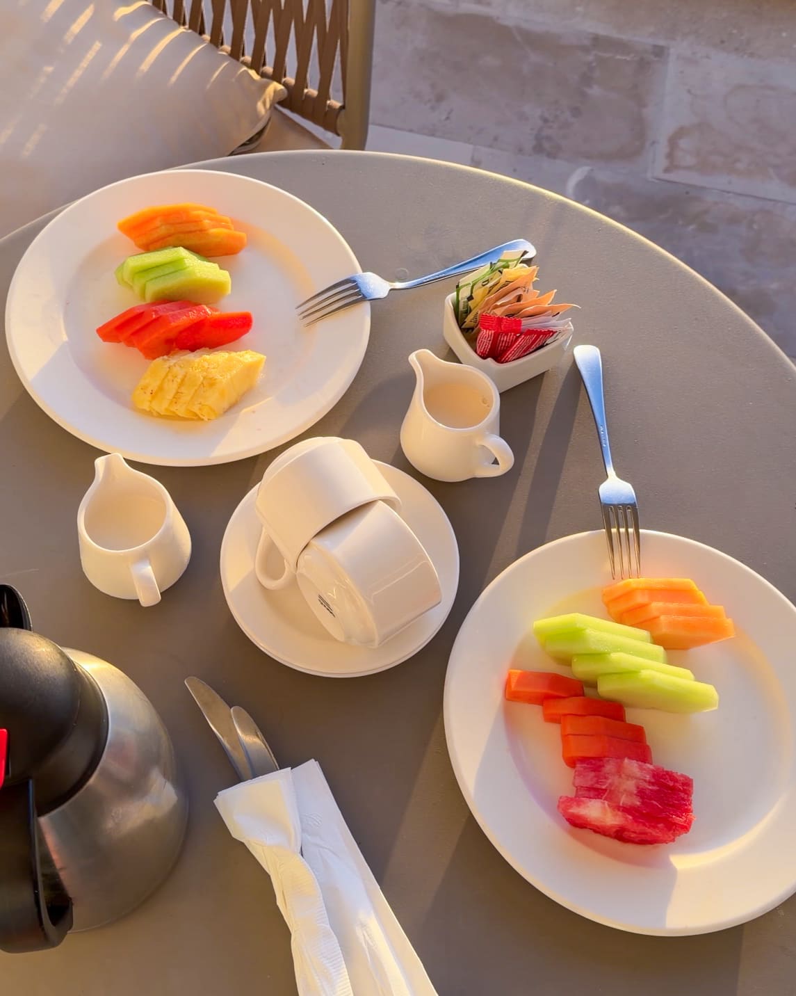 Fresh fruit and coffee from butler service enjoyed on our Haven Riviera balcony