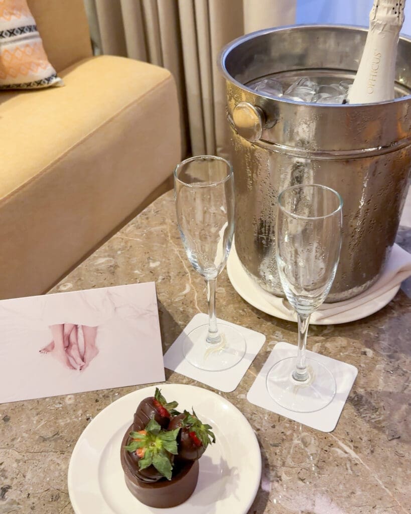 Surprise champagne and chocolate-covered strawberries in our honeymoon suite