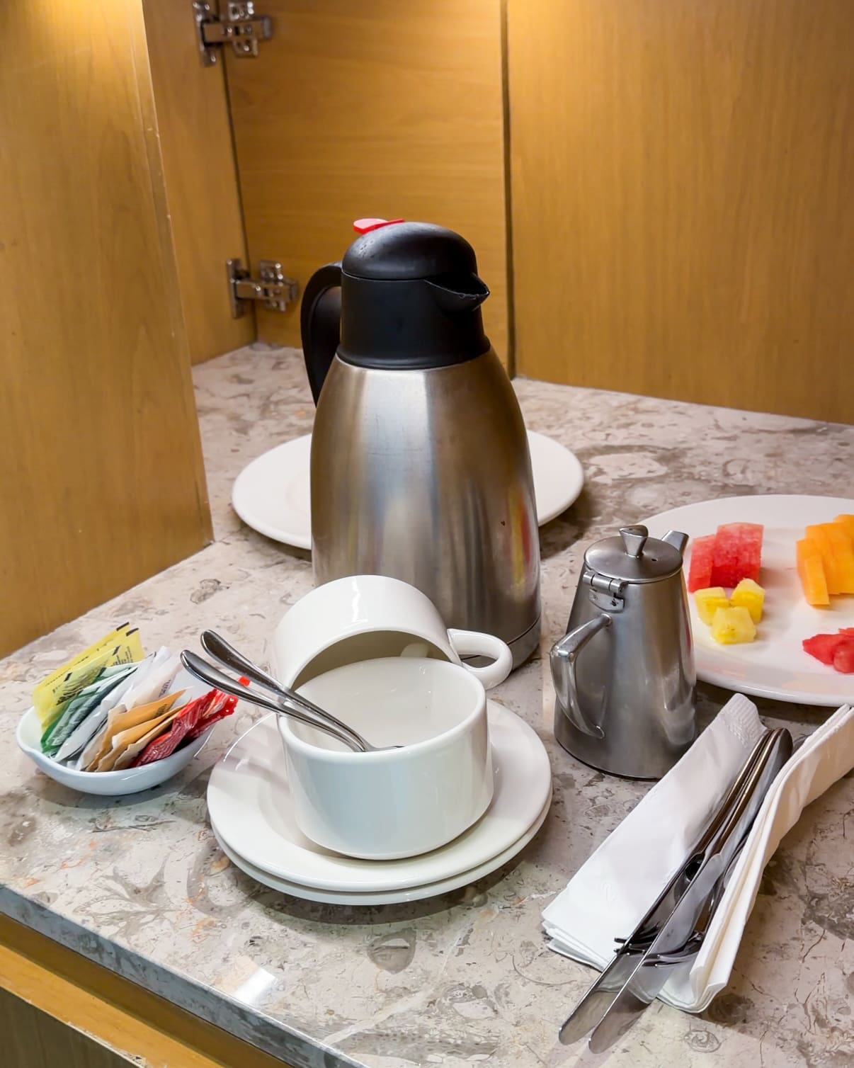 Morning fruit and coffee delivered in our butler’s pantry at Haven Riviera Cancun