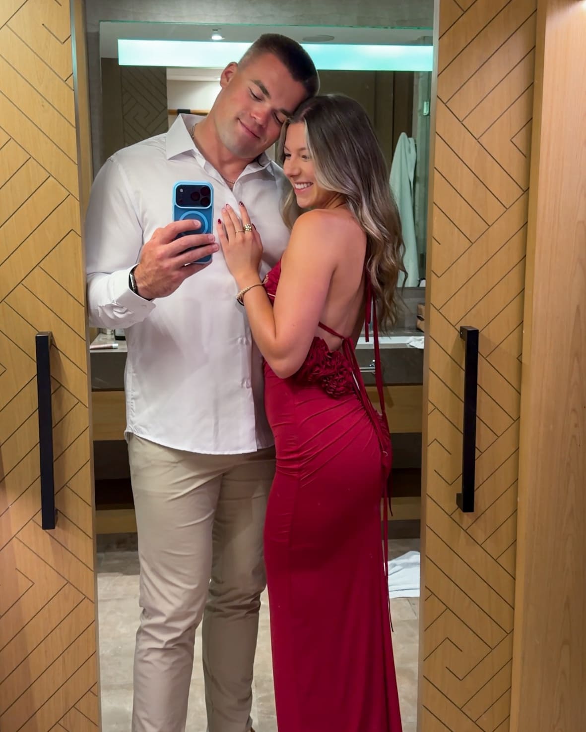 Smiling in room before dinner at Olíos Mediterranean Restaurant