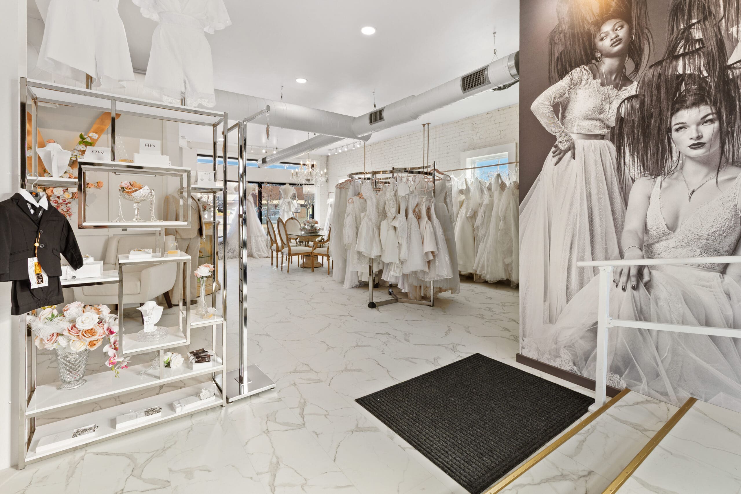 Welcoming entrance to Vanya Designs filled with custom wedding gowns – Wichita, KS