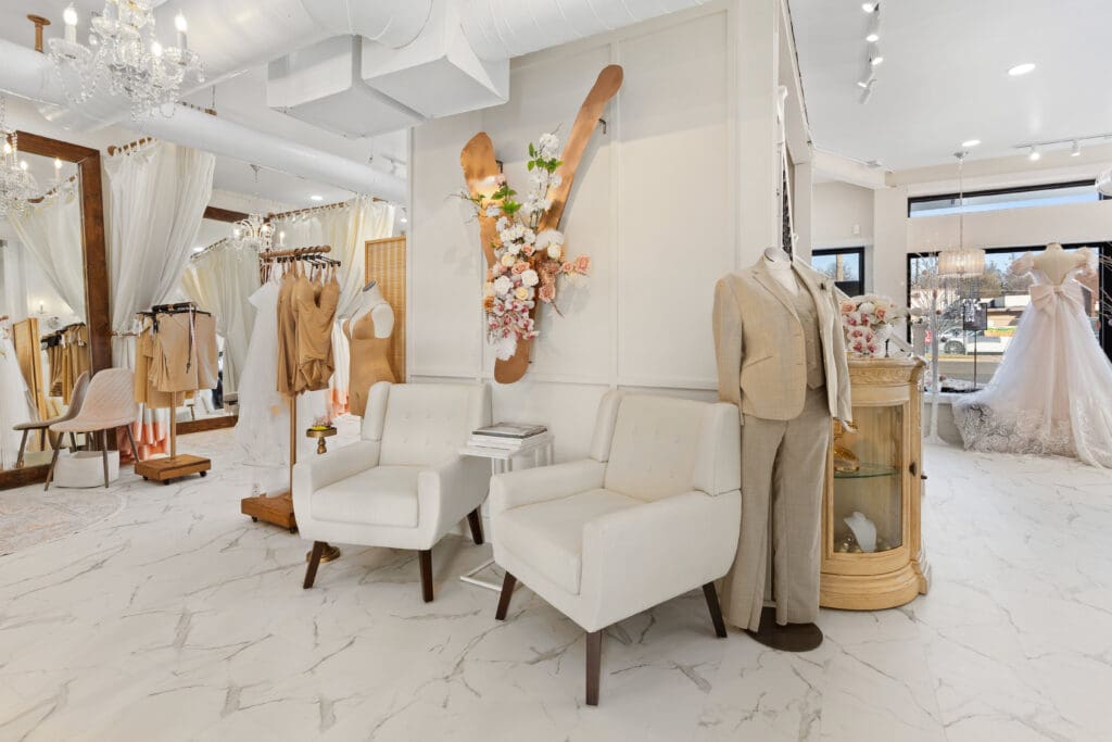 Elegant interior of Vanya Designs – Wichita custom wedding dress atelier featuring couture gowns on display