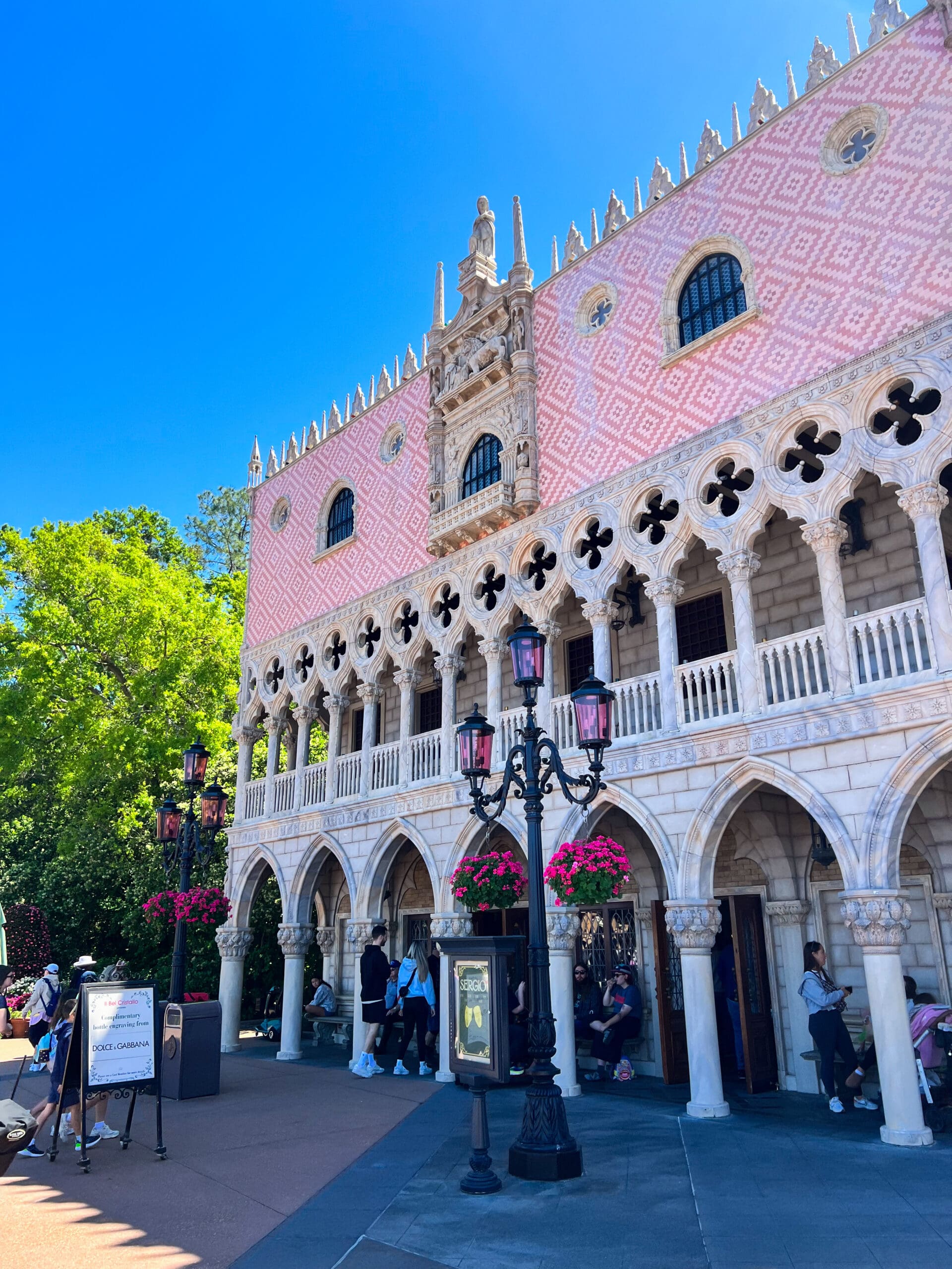 Elegant white building with vibrant pink gerbera daisies and blue sky at Magic Kingdom Disney World – enchanting details captured during Orlando Disney magic day