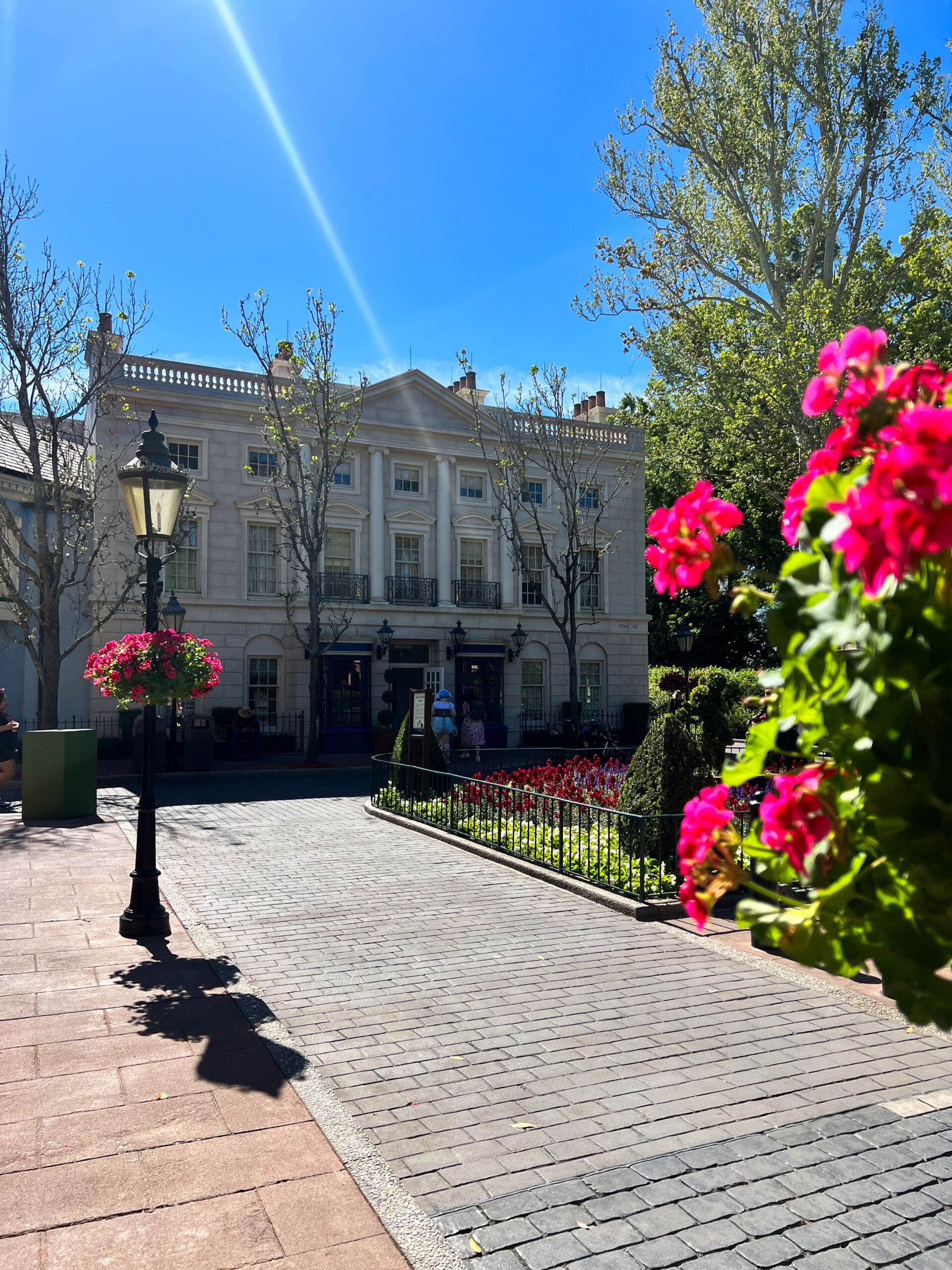 Elegant white colonial mansion with pink gerbera daisies and blue sky at Magic Kingdom Disney World – charming garden details captured in Orlando Disney park day