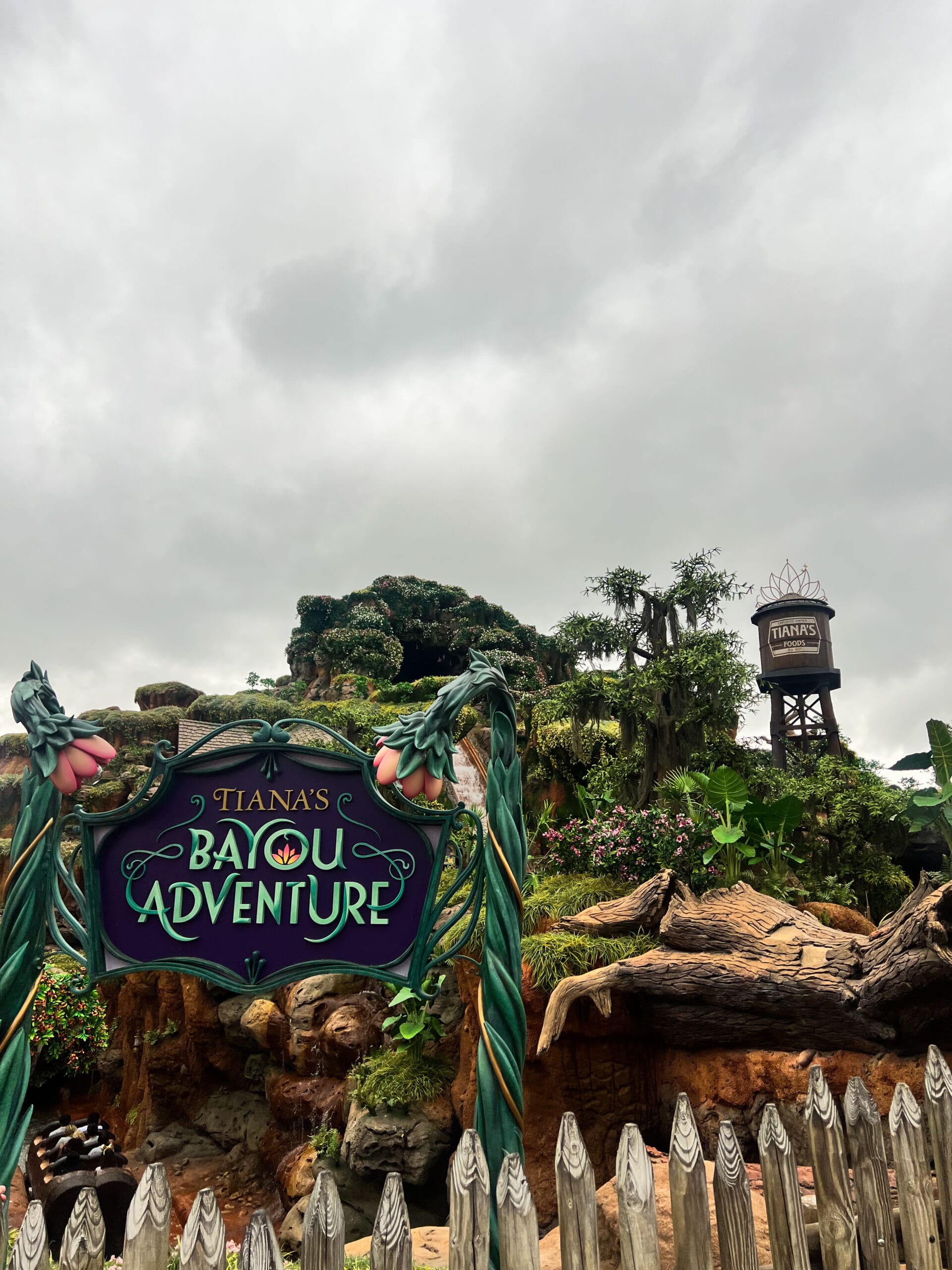 Colorful Tiana’s Bayou Adventure entrance sign with lush greenery and bayou theming at Magic Kingdom Disney World – immersive Disney attraction from Orlando trip