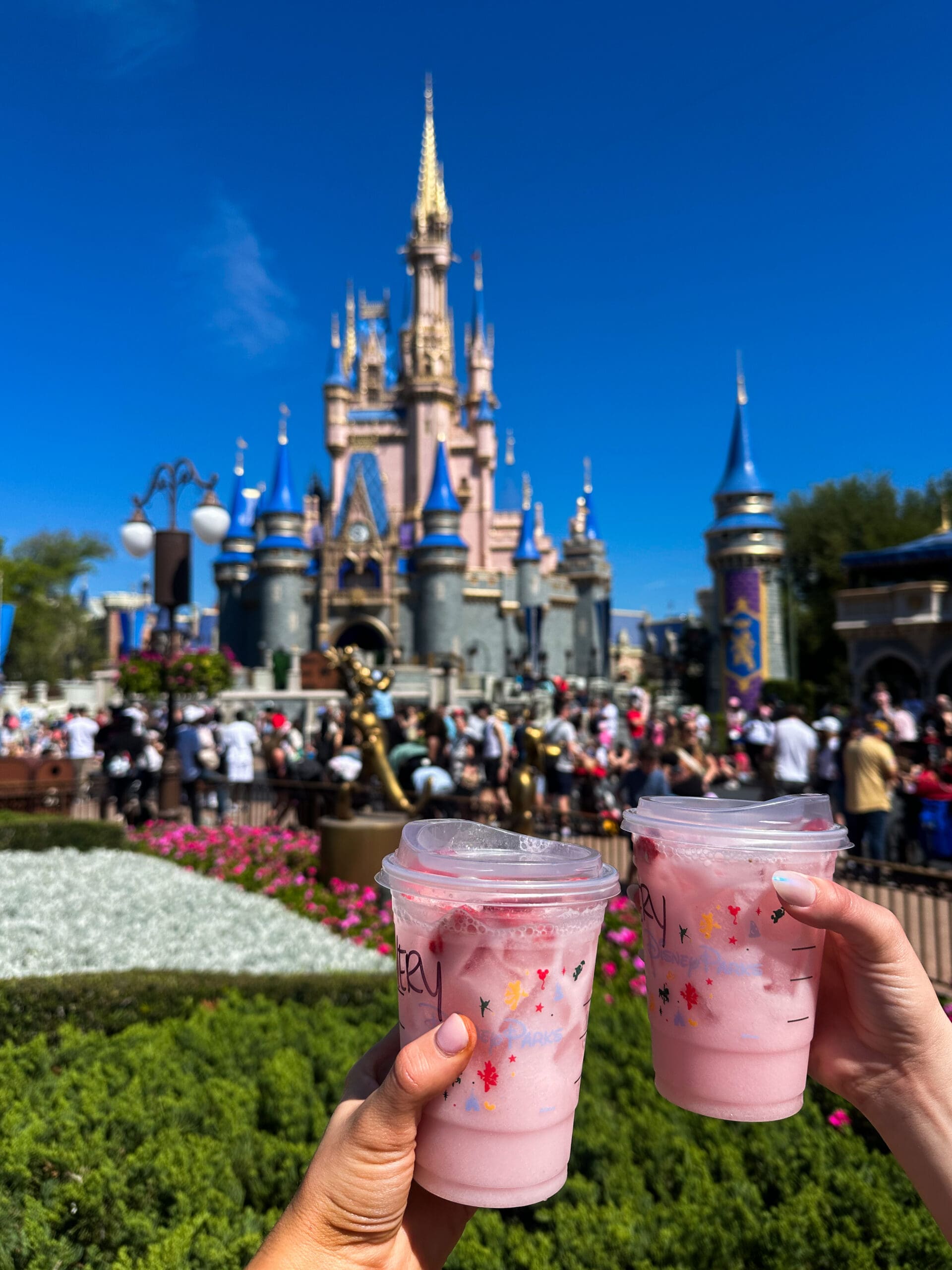 Two pink Disney-themed frozen drinks raised in front of Cinderella Castle at Magic Kingdom Disney World – refreshing and magical Orlando park experience
