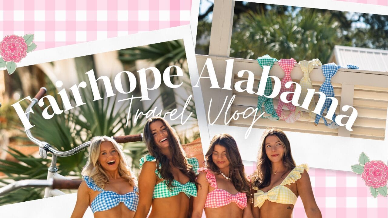 Fairhope Alabama photoshoot vlog thumbnail featuring models in colorful gingham bikini tops during Ave & Liv swimwear campaign in Fairhope, Alabama